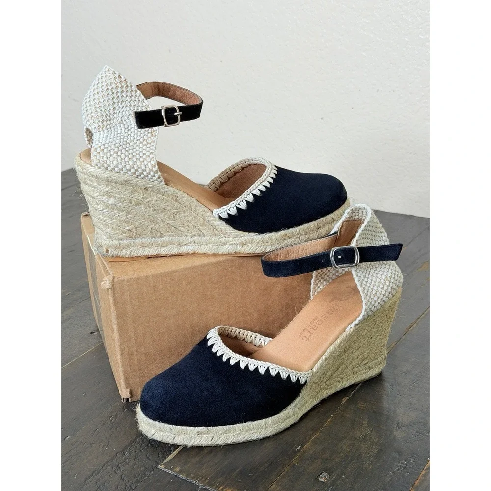 Apaseart Women's Black Suede Leather Espadrille Wedge Ankle Strap Shoes EU 37